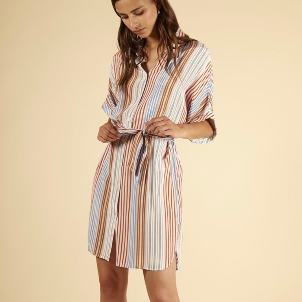 FRNCH Aimeline Blue Pink Striped Shirt Dress Belted‎ Summer Vacation Dress S/M